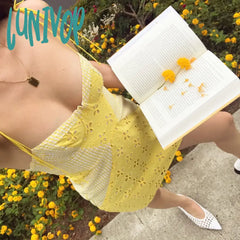 Lunivop Women Sexy Yellow Lace Spliced Plaid Trim Spaghetti Strap Mini Dress Romantic Lady Backless