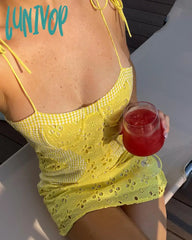 Lunivop Women Sexy Yellow Lace Spliced Plaid Trim Spaghetti Strap Mini Dress Romantic Lady Backless