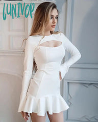 Lunivop Women Spring Sexy Long Sleeve Key Hole White Black Mini Pleated Bodycon Bandage Dress