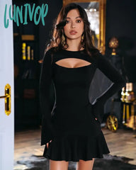 Lunivop Women Spring Sexy Long Sleeve Key Hole White Black Mini Pleated Bodycon Bandage Dress