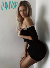 Lunivop Women Spring Sexy Off Shoulder Crystal Diamonds White Black Bodycon Corset Bandage Dress