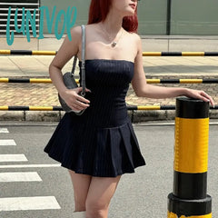 Lunivop Women Strapless Mini Dress Summer Striped Backless Pleated Party For Cocktail Beach