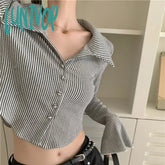 Lunivop Women Striped Cropped Vintage Shirts Korean Style Flare Sleeve Sexys Gyaru Chic Short