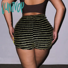 Lunivop Women Striped Knitted Fluffy Stacked Pants Casual High Waist Patchwork Slim Trousers Cargo