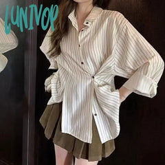 Lunivop Women Striped Shirt Korean High Street Casual Loose Long Sleeve Tops Summer Streetwear