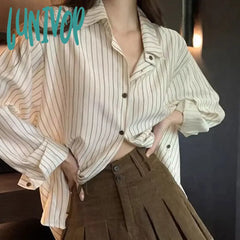 Lunivop Women Striped Shirt Korean High Street Casual Loose Long Sleeve Tops Summer Streetwear
