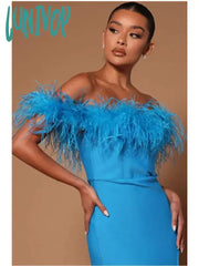 Lunivop Women Summer Bandage Dress Luxury Sexy Off Shoulder Split Feather Midi Gowns Celebrity