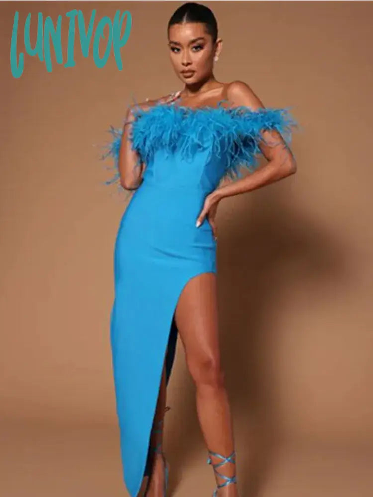 Lunivop Women Summer Bandage Dress Luxury Sexy Off Shoulder Split Feather Midi Gowns Celebrity