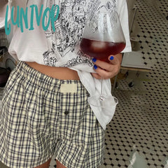 Lunivop Women Summer Casual Pajama Shorts Kawaii Plaid Boyshorts Elastic Band Loose Fit Button