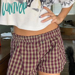 Lunivop Women Summer Casual Pajama Shorts Kawaii Plaid Boyshorts Elastic Band Loose Fit Button