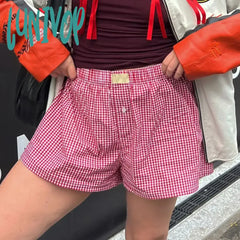 Lunivop Women Summer Casual Pajama Shorts Kawaii Plaid Boyshorts Elastic Band Loose Fit Button
