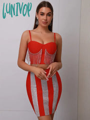 Lunivop Women Summer Celebrity Sexy Diamonds Red Sparkly Mini Bodycon Bandage Skirt Set Elegant
