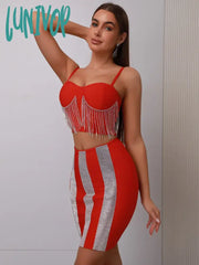 Lunivop Women Summer Celebrity Sexy Diamonds Red Sparkly Mini Bodycon Bandage Skirt Set Elegant