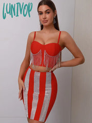 Lunivop Women Summer Celebrity Sexy Diamonds Red Sparkly Mini Bodycon Bandage Skirt Set Elegant