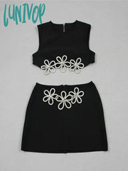 Lunivop Women Summer Celebrity Sexy Sleeveless Diamonds Black Mini Bandage Skirt Set Knitted