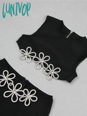 Lunivop Women Summer Celebrity Sexy Sleeveless Diamonds Black Mini Bandage Skirt Set Knitted