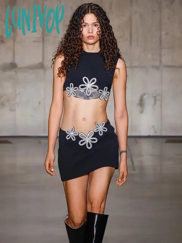Lunivop Women Summer Celebrity Sexy Sleeveless Diamonds Black Mini Bandage Skirt Set Knitted