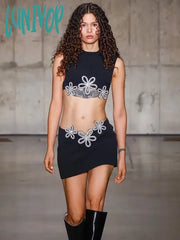 Lunivop Women Summer Celebrity Sexy Sleeveless Diamonds Black Mini Bandage Skirt Set Knitted