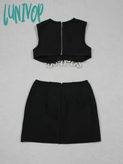 Lunivop Women Summer Celebrity Sexy Sleeveless Diamonds Black Mini Bandage Skirt Set Knitted