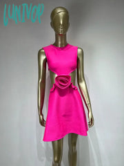 Lunivop Women Summer Celebrity Sexy Sleeveless Flower Hot Pink A Line Mini Bodycon Bandage Dress