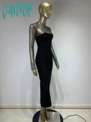 Lunivop Women Summer Chic Sexy Long Sleeve Crystal Diamonds Black Midi Bodycon Bandage Dress