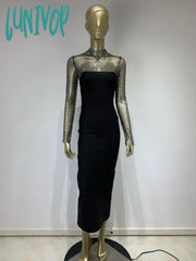 Lunivop Women Summer Chic Sexy Long Sleeve Crystal Diamonds Black Midi Bodycon Bandage Dress