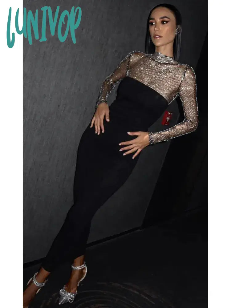 Lunivop Women Summer Chic Sexy Long Sleeve Crystal Diamonds Black Midi Bodycon Bandage Dress