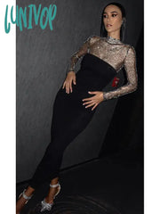 Lunivop Women Summer Chic Sexy Long Sleeve Crystal Diamonds Black Midi Bodycon Bandage Dress
