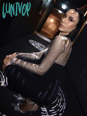 Lunivop Women Summer Chic Sexy Long Sleeve Crystal Diamonds Black Midi Bodycon Bandage Dress