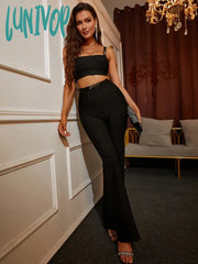 Lunivop Women Summer Fashion Sexy Backless Chain Black Two Piece Pants Bandage Set Celebrity