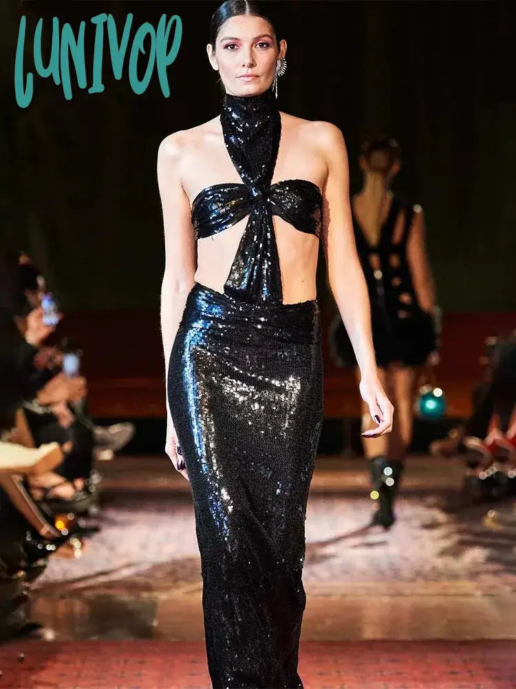 Lunivop Women Summer Fashion Sexy Backless Halter Black Mesh Sequins Maxi Long 0Bodycon Dress