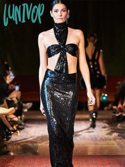 Lunivop Women Summer Fashion Sexy Backless Halter Black Mesh Sequins Maxi Long 0Bodycon Dress