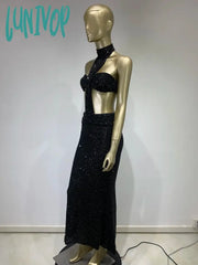 Lunivop Women Summer Fashion Sexy Backless Halter Black Mesh Sequins Maxi Long 0Bodycon Dress