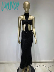 Lunivop Women Summer Fashion Sexy Backless Halter Black Mesh Sequins Maxi Long 0Bodycon Dress