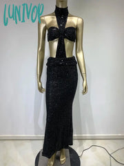 Lunivop Women Summer Fashion Sexy Backless Halter Black Mesh Sequins Maxi Long 0Bodycon Dress
