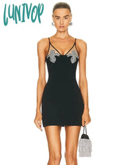 Lunivop Women Summer Fashion Sexy Backless V Neck Crystal Diamonds Black Mini Bandage Dress Elegant