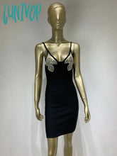 Lunivop Women Summer Fashion Sexy Backless V Neck Crystal Diamonds Black Mini Bandage Dress Elegant