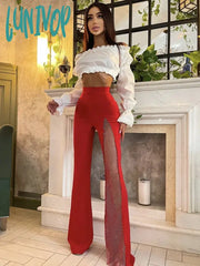 Lunivop Women Summer Fashion Sexy Black Red White Crystal Dianonds Flare Bandage Pants Knitted