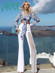 Lunivop Women Summer Fashion Sexy Black Red White Crystal Dianonds Flare Bandage Pants Knitted