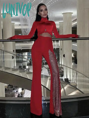 Lunivop Women Summer Fashion Sexy Black Red White Crystal Dianonds Flare Bandage Pants Knitted