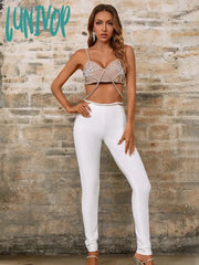 Lunivop Women Summer Fashion Sexy Crystal Diamodns Beige White Two Piece Pants Bandage Set