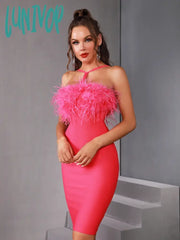 Lunivop Women Summer Fashion Sexy Cut Put Feather Hot Pink Mini Bodycon Bandage Dress Elegant