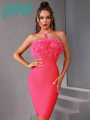Lunivop Women Summer Fashion Sexy Cut Put Feather Hot Pink Mini Bodycon Bandage Dress Elegant