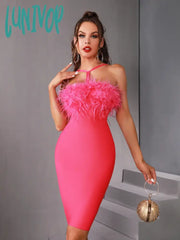 Lunivop Women Summer Fashion Sexy Cut Put Feather Hot Pink Mini Bodycon Bandage Dress Elegant