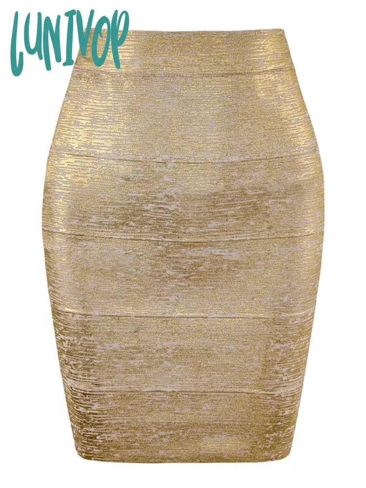 Lunivop Women Summer Fashion Sexy Gold Bronzing Bandage Skirt Designer Night Club Bodycon Pencil