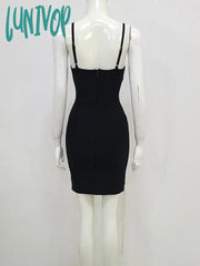 Lunivop Women Summer Fashion Sexy Key Hole V Neck Cystal Diamonds Black Tassel Mini Bandage Dress