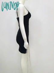 Lunivop Women Summer Fashion Sexy Key Hole V Neck Cystal Diamonds Black Tassel Mini Bandage Dress
