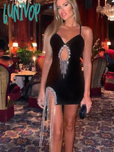 Lunivop Women Summer Fashion Sexy Key Hole V Neck Cystal Diamonds Black Tassel Mini Bandage Dress