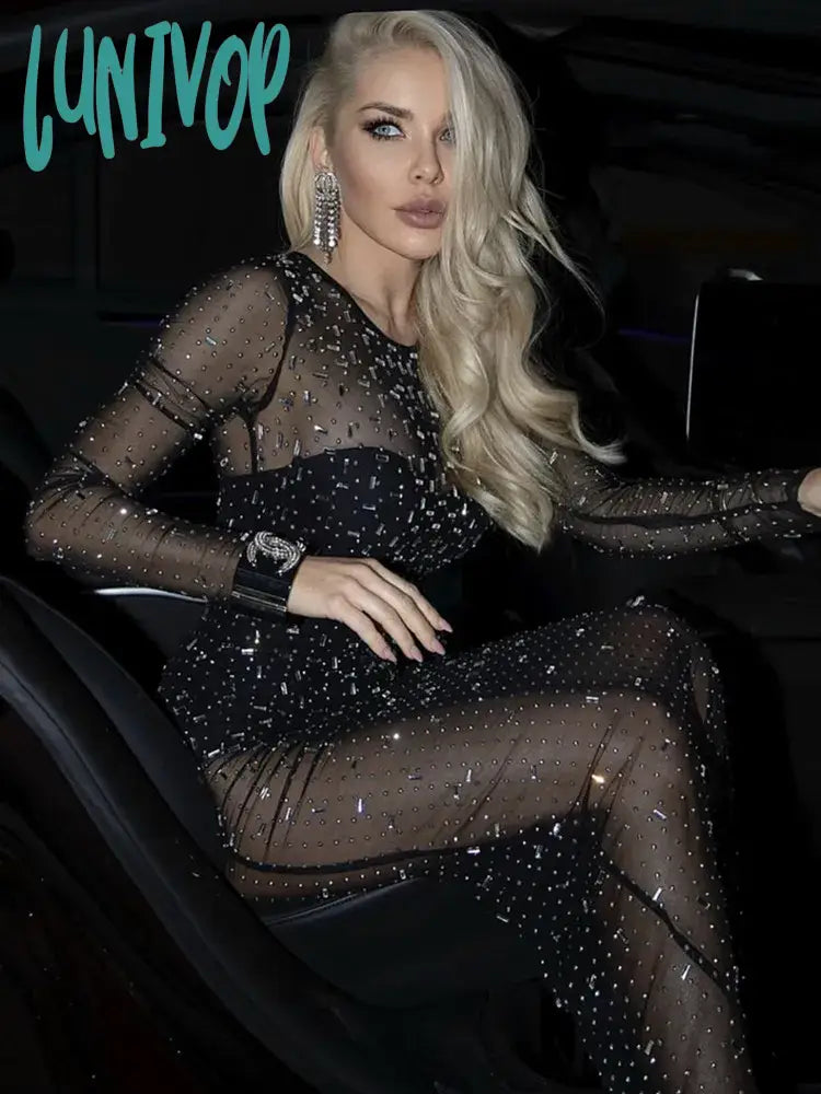 Lunivop Women Summer Fashion Sexy Long Sleeve Tranparent Black Sparkly Mesh Maxi Dress Elegant