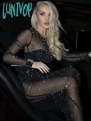 Lunivop Women Summer Fashion Sexy Long Sleeve Tranparent Black Sparkly Mesh Maxi Dress Elegant